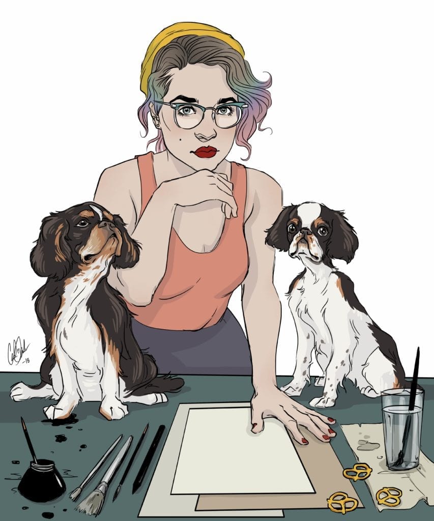 Illustration of Carli Ihde with two dogs and art desk